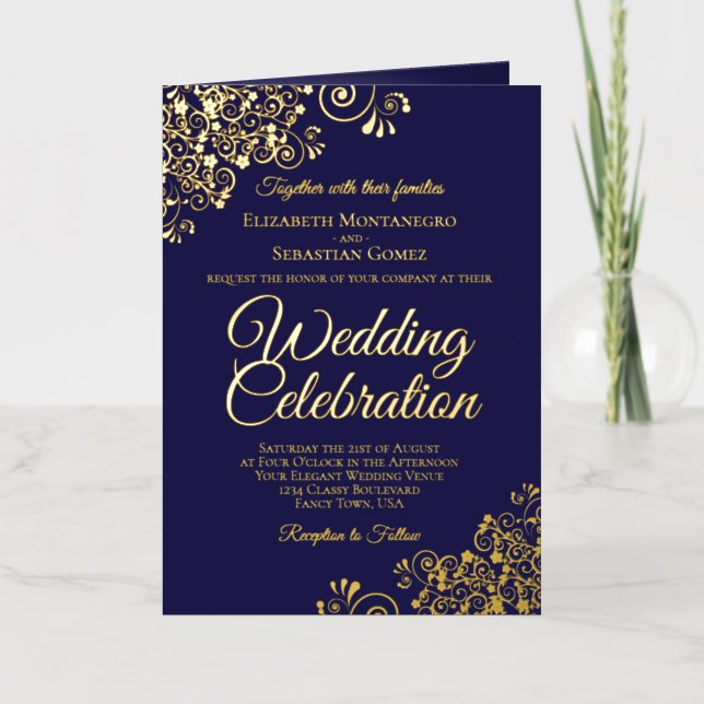 Invitation de mariage et programme combinés bleu m (Recto)