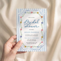Invitation de mariage fleurie rayée bleue pour une