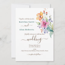 Invitation de mariage Fleurs roses pêche jaune