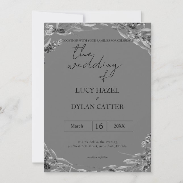 Invitation de mariage floral aquarelle noir et bla (Devant)