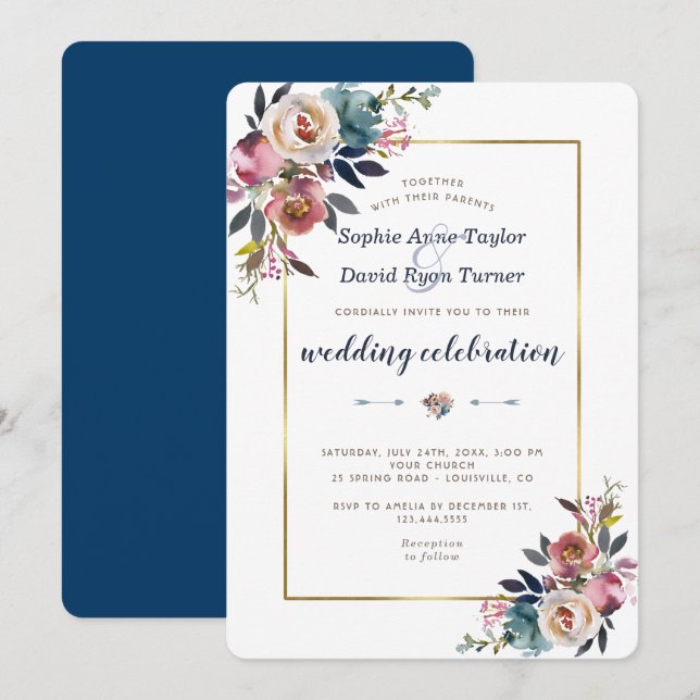 Invitation de mariage | Floral bleu doré rose (Devant / Derrière)