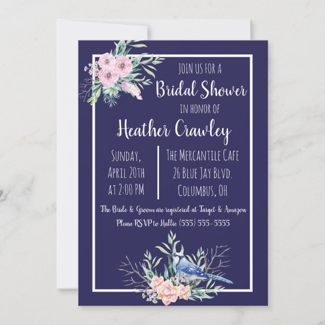 Invitation de mariage Floral Blue Jay (Devant)
