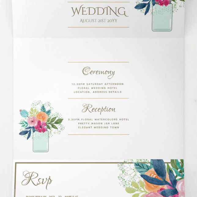 Invitation de mariage floral Fuschia 3in1 et RSVP (Intérieur au milieu)