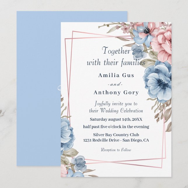 Invitation de mariage floral rustique bleu et rose (Devant / Derrière)
