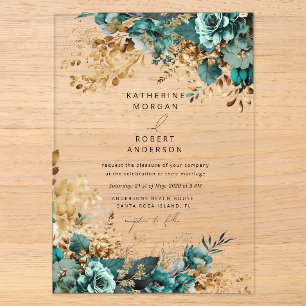 Invitation de mariage floral sarcelle or aquarelle