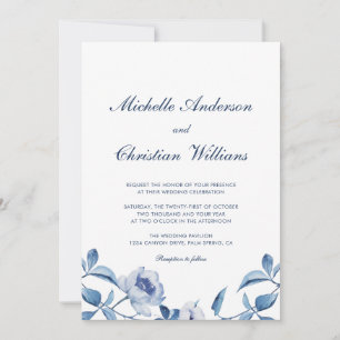 Invitation de mariage florale à l'aquarelle bleue