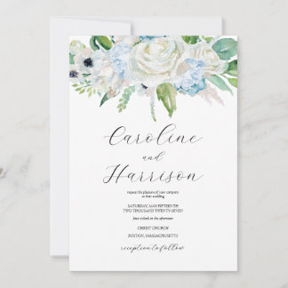 Invitation de mariage florale aquarelle bleue élég