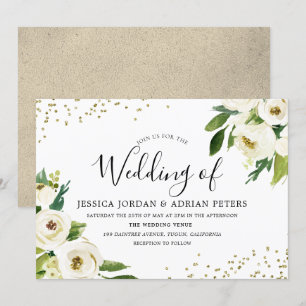 Invitation de mariage florale blanche moderne doré