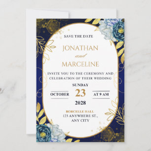 Invitation de mariage florale bleu foncé et or