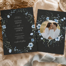 Invitation de mariage florale boho noire | Bleu so