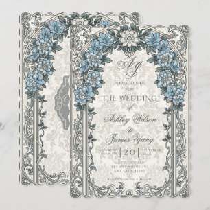 Invitation de mariage florale botanique bleu gris