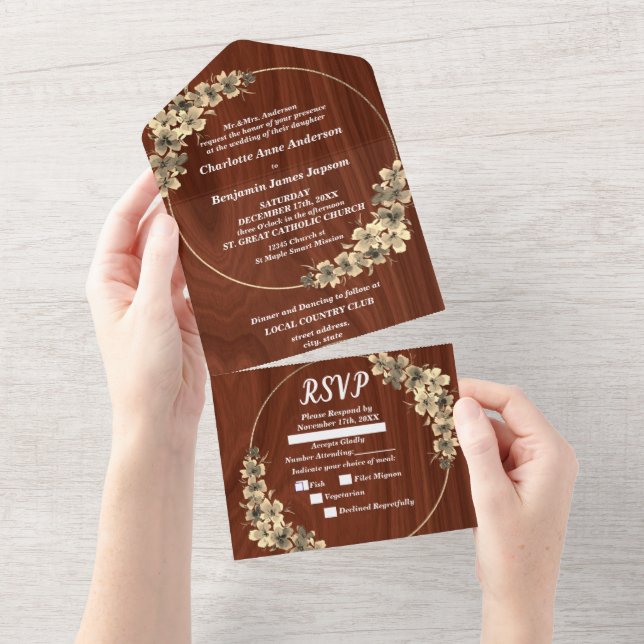 Invitation de mariage florale en or rustique tout- (Déchirure)