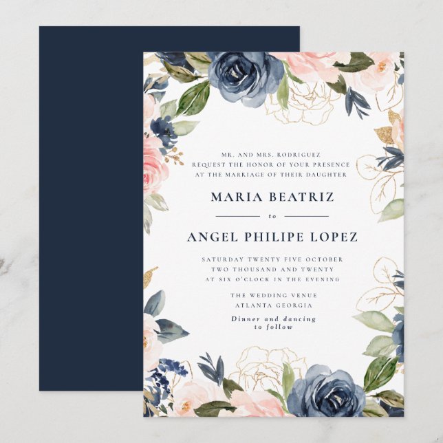 Invitation de mariage florale marine et rose poudr (Devant / Derrière)