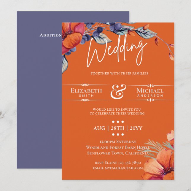 Invitation de mariage florale moderne lavande oran (Devant / Derrière)