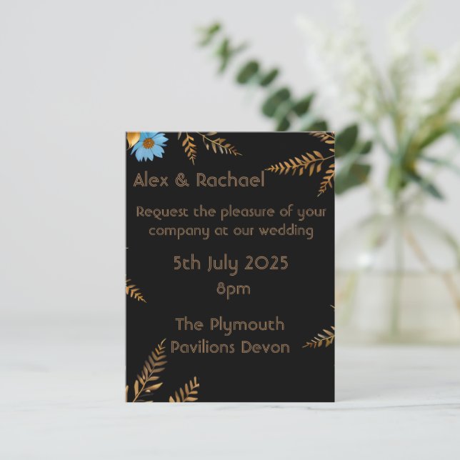 Invitation de mariage florale or et bleu luxueuse (Debout devant)