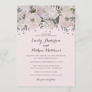 Invitation de mariage florale rose argentée Pretty