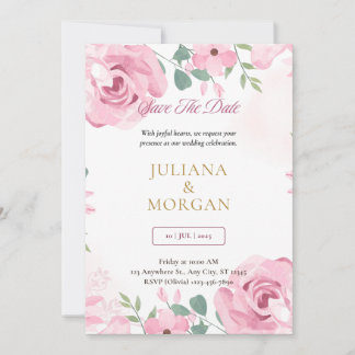 Invitation de mariage florale rose et or modèle | 