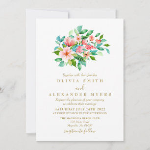 Invitation de mariage florale tropicale et or