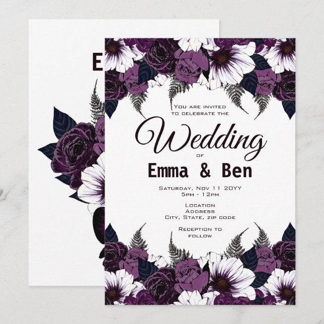 Invitation de mariage florale violet foncé aquarel (Devant / Derrière)