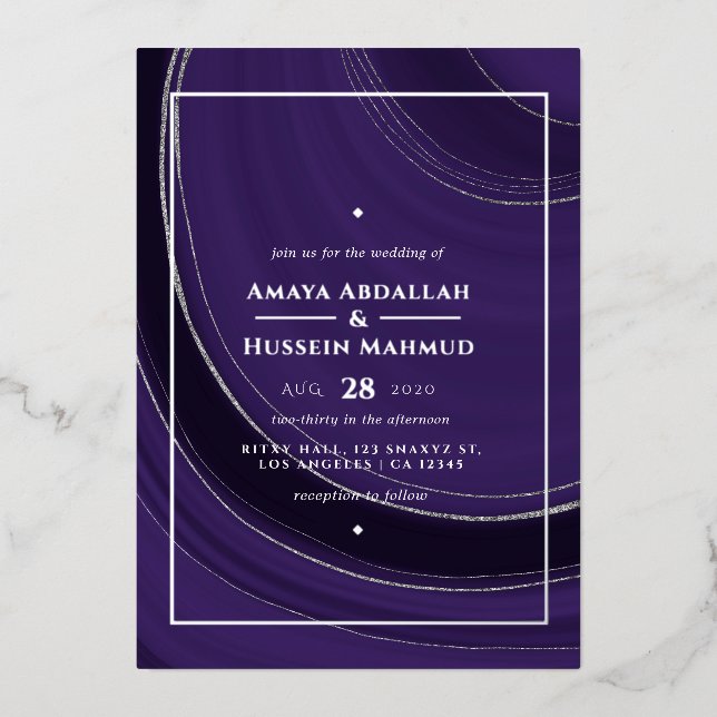 Invitation de Mariage Foil  Agate violet et argent (Recto)