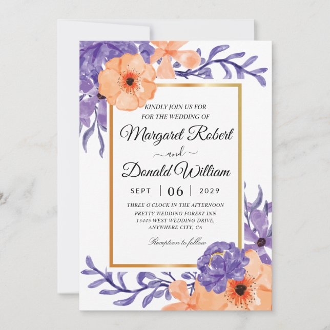 invitation de mariage géométrique à fleurs orange  (Devant)