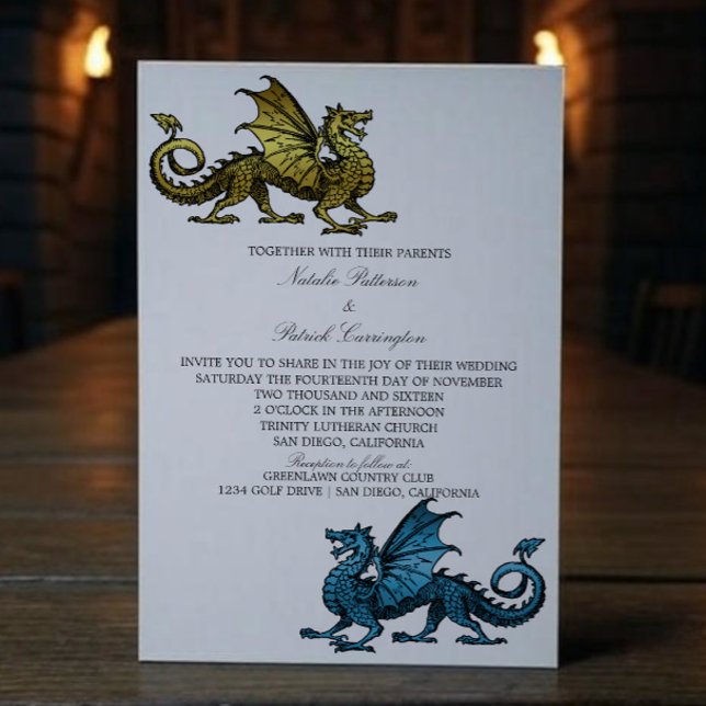 Invitation de mariage Gold Blue Dragon (Gold Blue Medieval Dragon Wedding Invite)