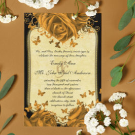Invitation de mariage Gold Heart Roses & Butterfli