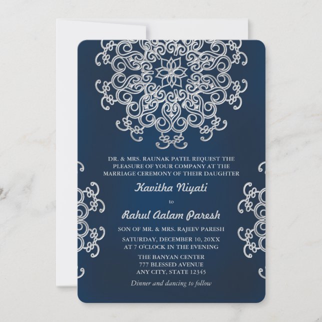 INVITATION DE MARIAGE INDIENNE ARGENT ET NAVY (Devant)
