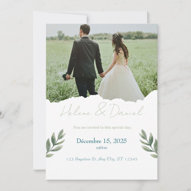 Invitation de mariage moderne - Vert Gris (Devant)