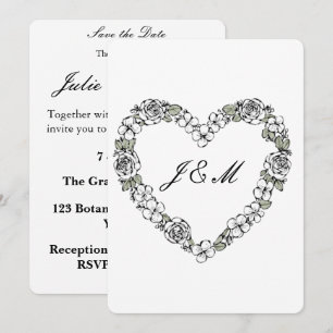 Invitation de mariage noir et blanc coeur Floral