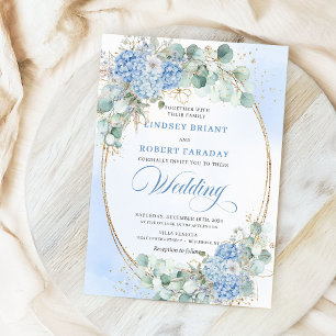 Invitation de mariage ovale dorée à fleurs bleues