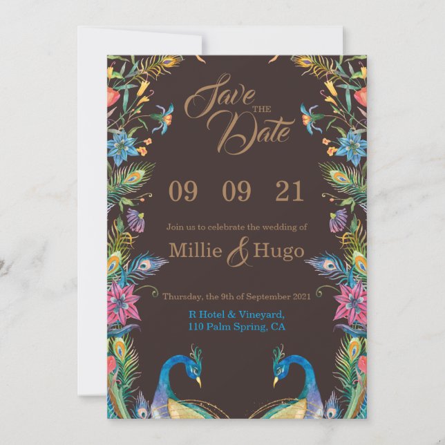 Invitation de mariage Paon les  (Devant)