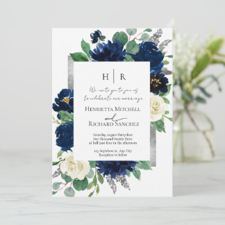 Invitation de mariage photo élégante à fleurs bleu