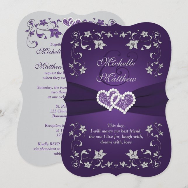 Invitation de mariage | Purple, Argent, Floral, Co (Devant / Derrière)
