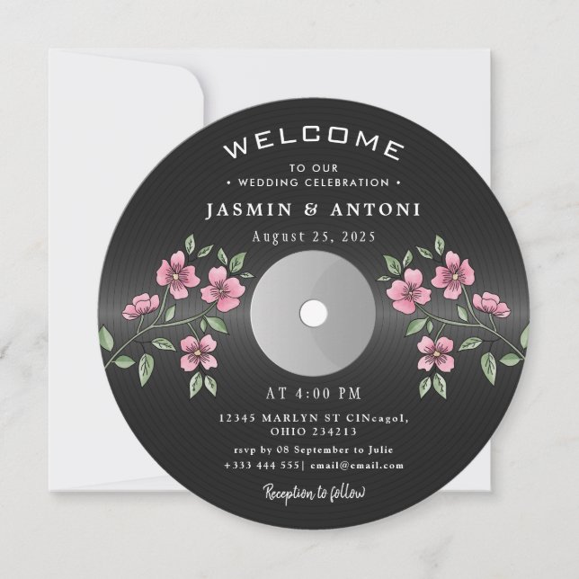 Invitation de mariage QR disque vinyle rétro vinta (Devant)