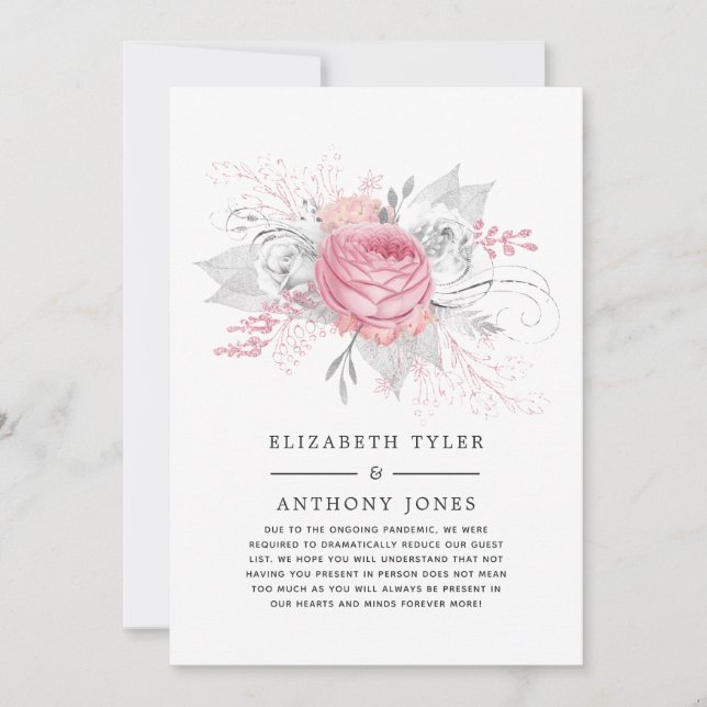 Invitation de mariage réduite à fleurs roses et ar (Devant)