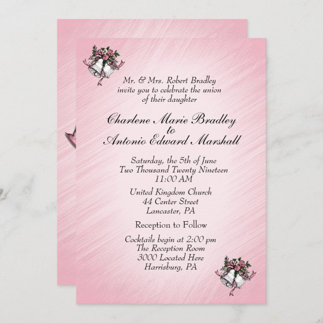 Invitation de Mariage rose Bells (Devant / Derrière)