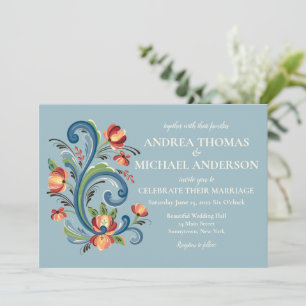 Invitation de mariage Rosemaling Bleu et Rouge