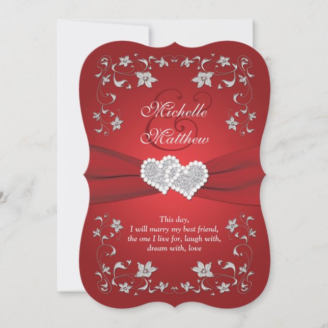 Invitation de mariage | Rouge, Argent, Floral, Coe (Devant)