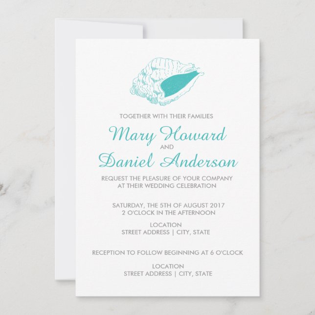 Invitation de mariage Seashell Beach (turquoise) (Devant)