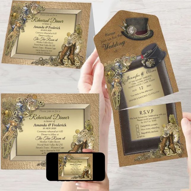 Invitation de mariage Steampunk et or en cuir tout (Steampunk & gold Leather invitations)