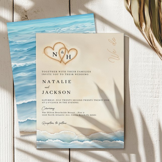Invitation de mariage sur la plage avec les coeurs (Coastal Beach Wedding Invitation)