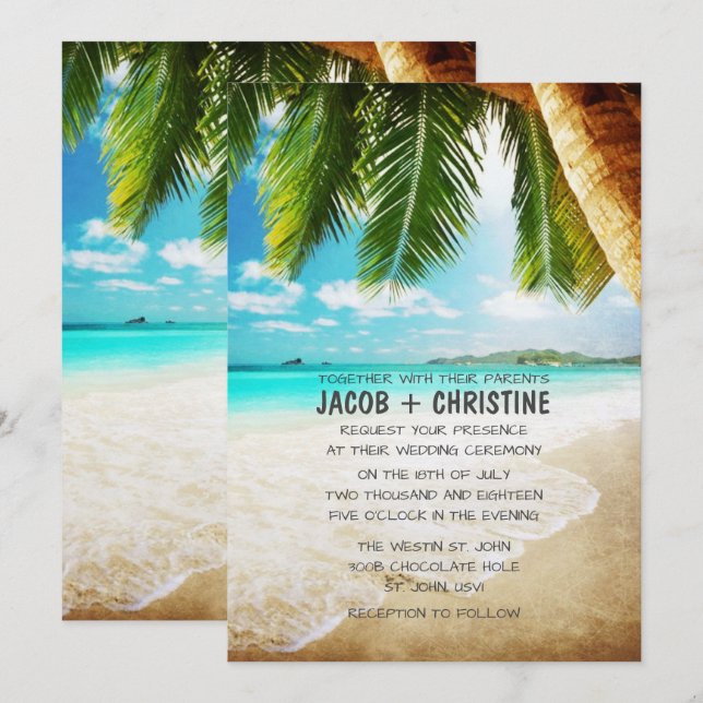 Invitation de mariage sur la plage de l'île tropic (Devant / Derrière)