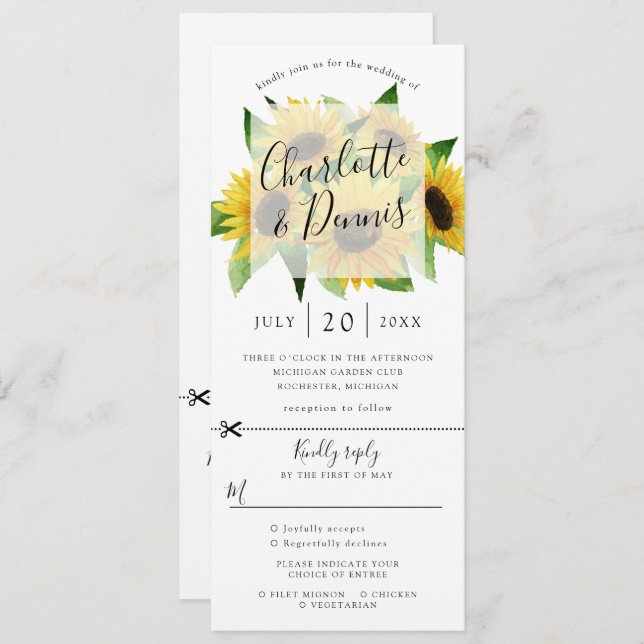Invitation de mariage tournesol avec RSVP ci-joint (Devant / Derrière)
