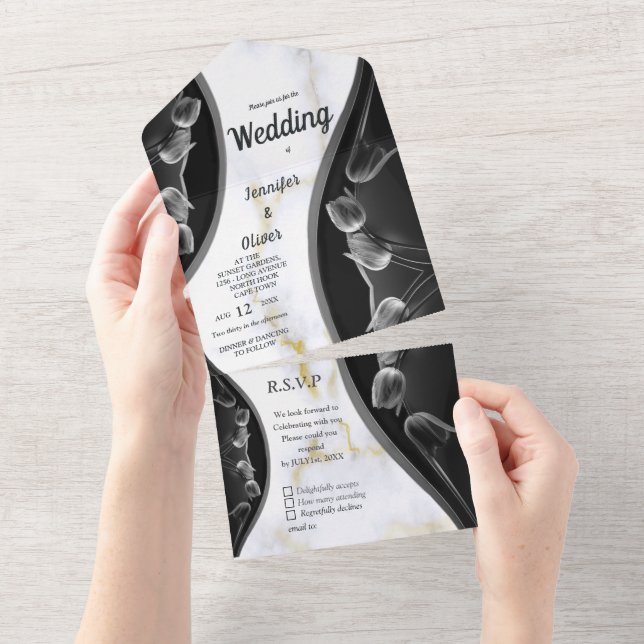 Invitation de mariage tout-en-un en marbre blanc e (Déchirure)