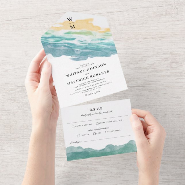 Invitation de mariage tout en un Fleurs Bleu Pouss (Déchirure)