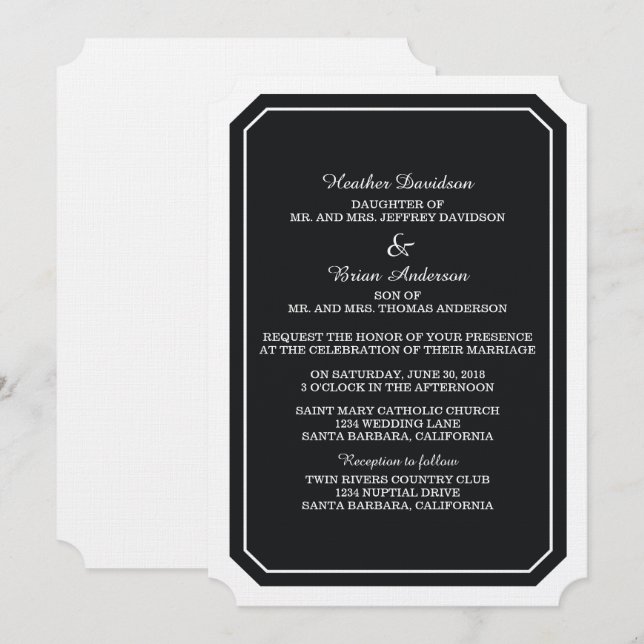 Invitation de mariage tout simplement élégant noir (Devant / Derrière)