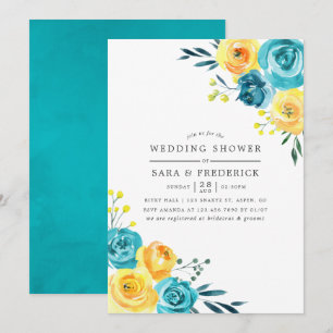 Invitation de mariage turquoise et jaune à fleurs