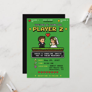 Invitation de mariage verte vintage jeu vidéo amus