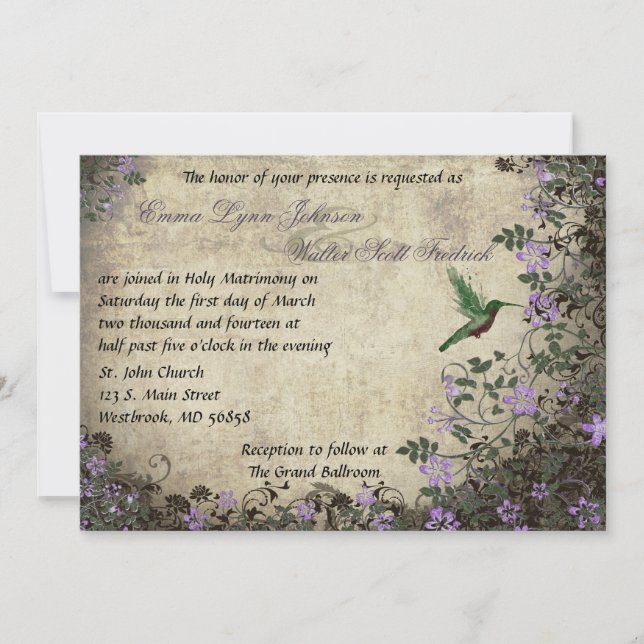 Invitation de mariage Vintage de colibri (Devant)